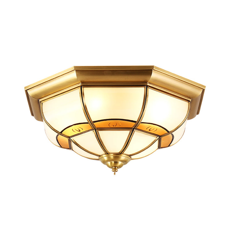 Vintage Brass Flush Light With Frosted Glass Panels - 3/4/6 Lights Octagonal Design