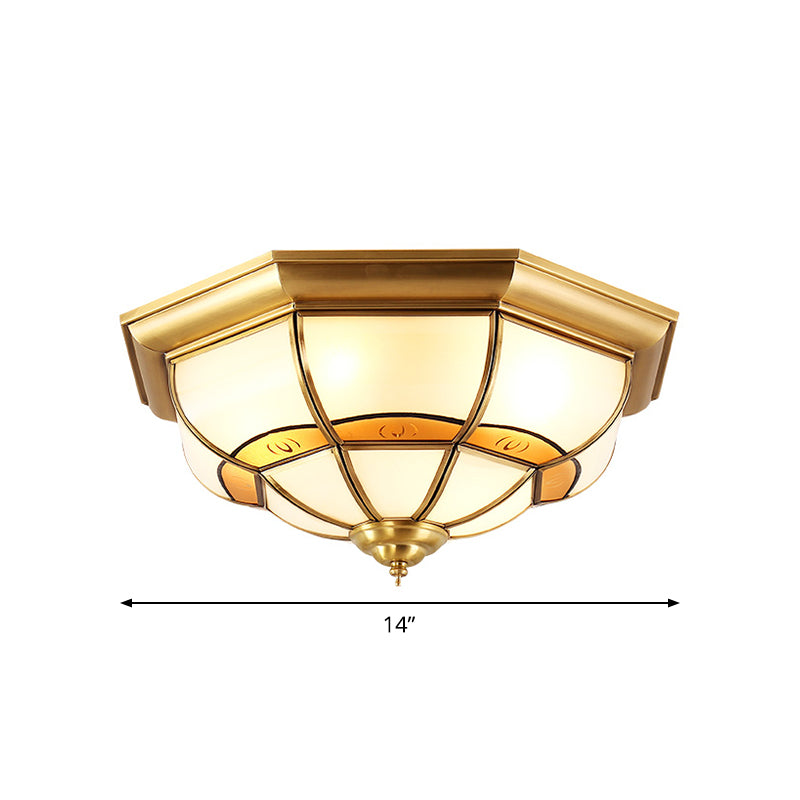 Vintage Brass Flush Light with Frosted Glass Panels - 3/4/6 lights, Octagonal Design - Small/Medium/Large Ceiling Lamp