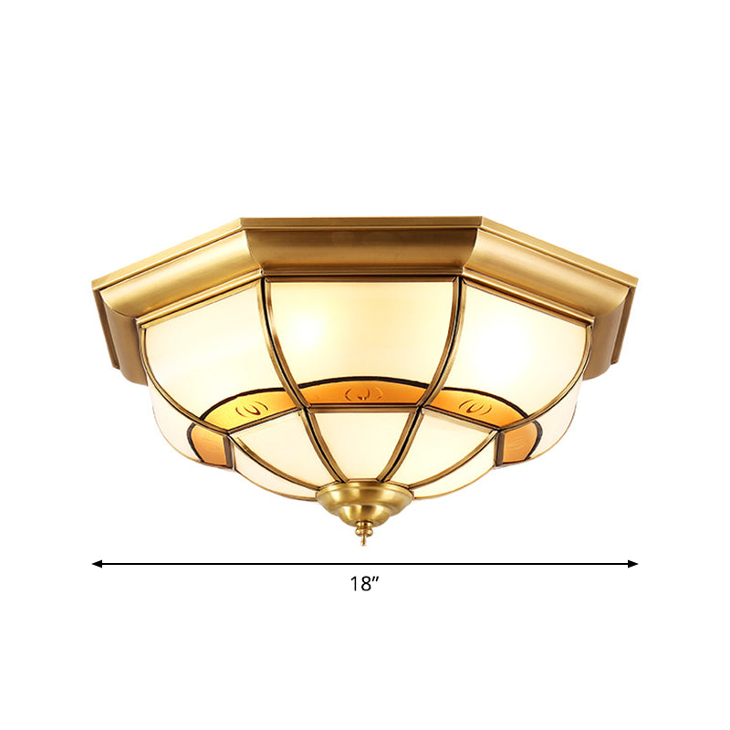 Vintage Brass Flush Light With Frosted Glass Panels - 3/4/6 Lights Octagonal Design