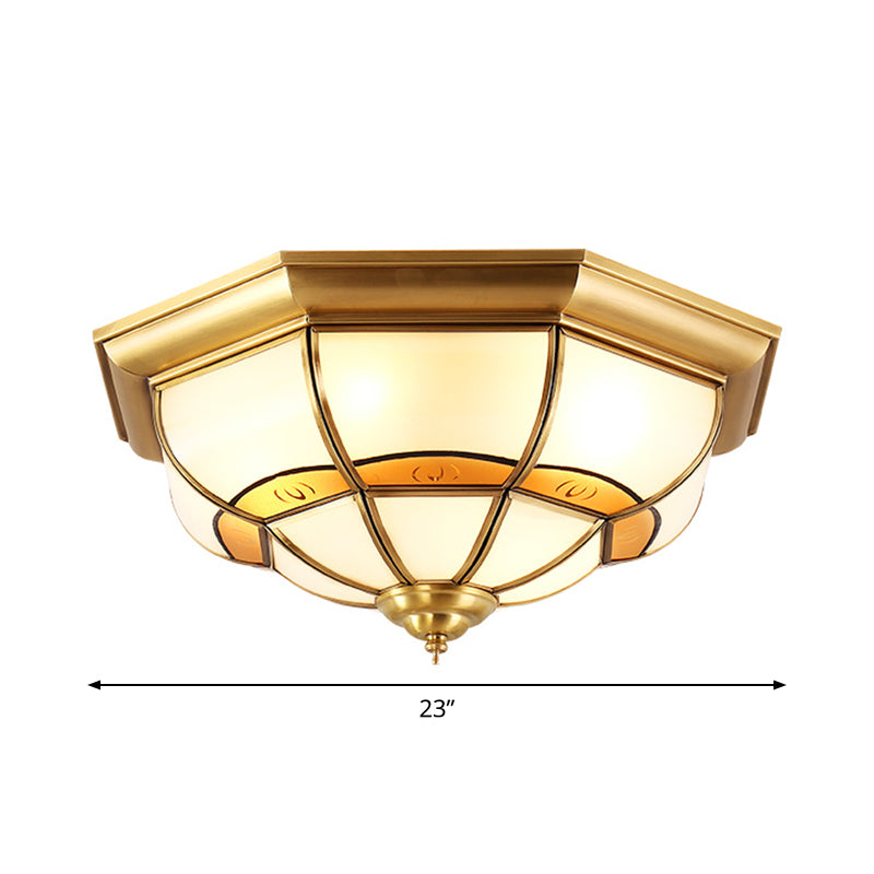 Vintage Brass Flush Light With Frosted Glass Panels - 3/4/6 Lights Octagonal Design