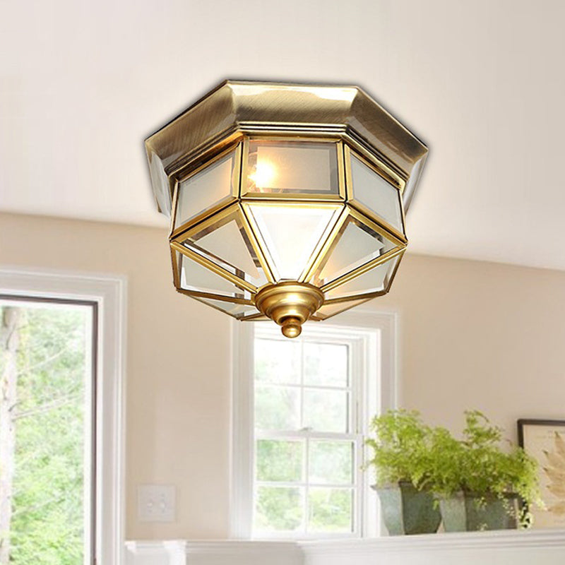 Vintage Brass Octagon Flush Ceiling Light With Frosted Glass 2 Lights 13/15 W - Ideal For Living