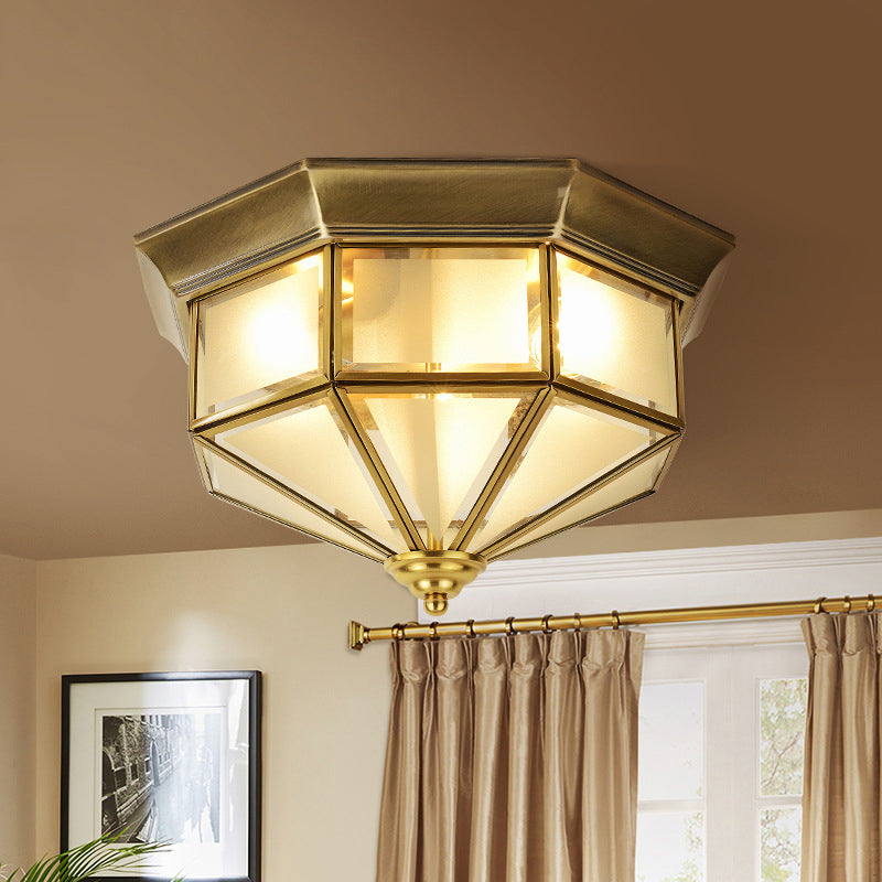 Vintage Brass Octagon Flush Ceiling Light With Frosted Glass 2 Lights 13/15 W - Ideal For Living