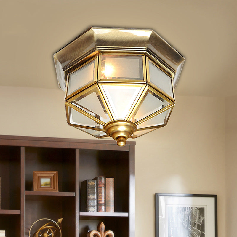 Vintage Brass Octagon Flush Ceiling Light with Frosted Glass, 2 Lights, 13"/15" W - Ideal for Living Room