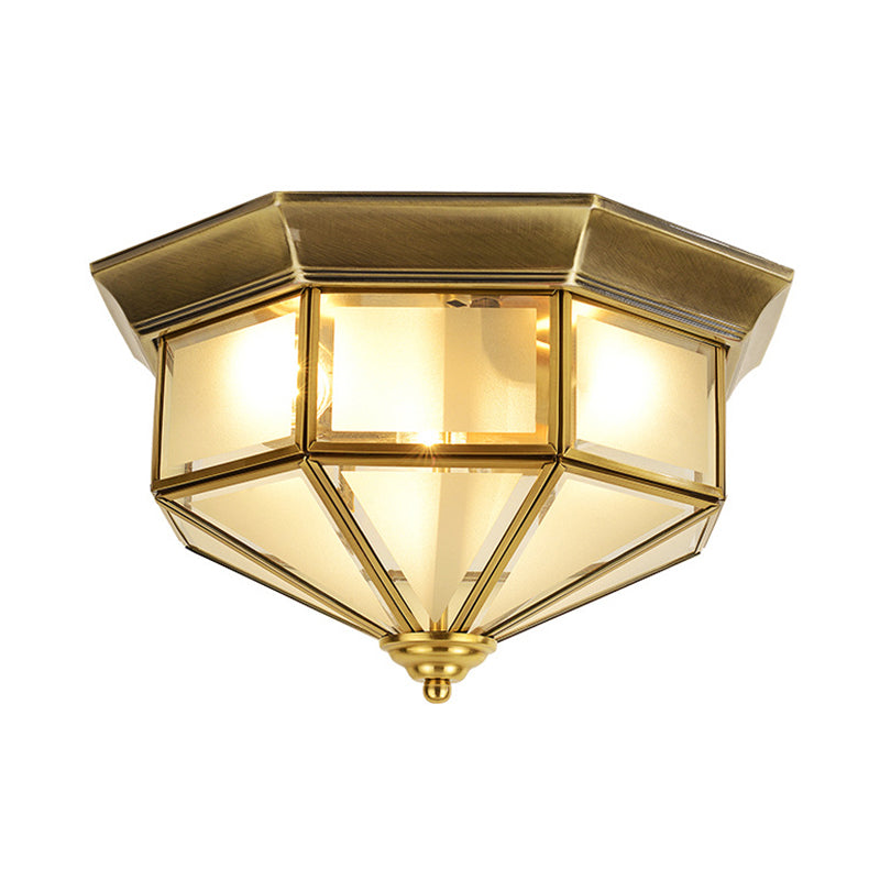 Vintage Brass Octagon Flush Ceiling Light With Frosted Glass 2 Lights 13/15 W - Ideal For Living