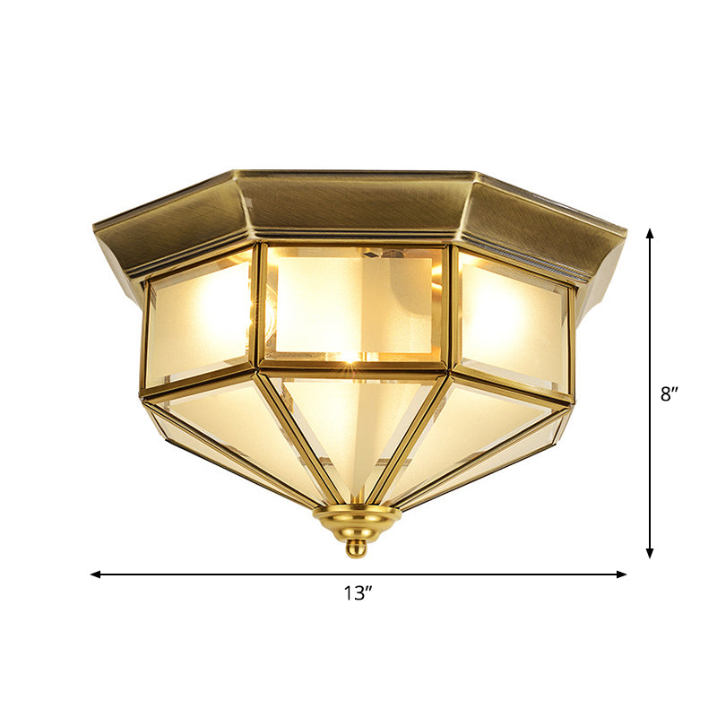 Vintage Brass Octagon Flush Ceiling Light With Frosted Glass 2 Lights 13/15 W - Ideal For Living