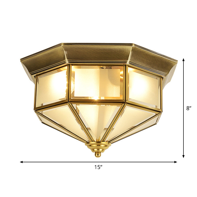 Vintage Brass Octagon Flush Ceiling Light With Frosted Glass 2 Lights 13/15 W - Ideal For Living