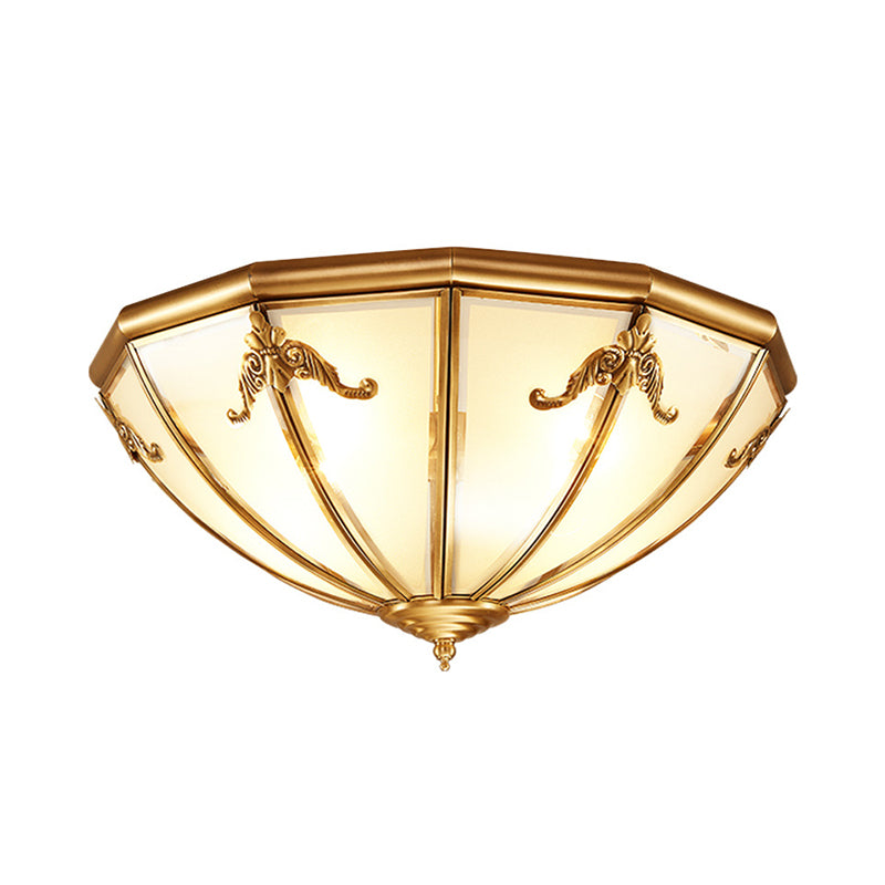 Traditional Flush Mount Ceiling Light With Frosted Glass Shade - Brass Finish 14/18 Width 3/4 Lights