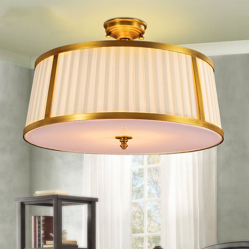 Vintage Drum Fabric Flush Mount Ceiling Light - 4-Light In Polished Brass