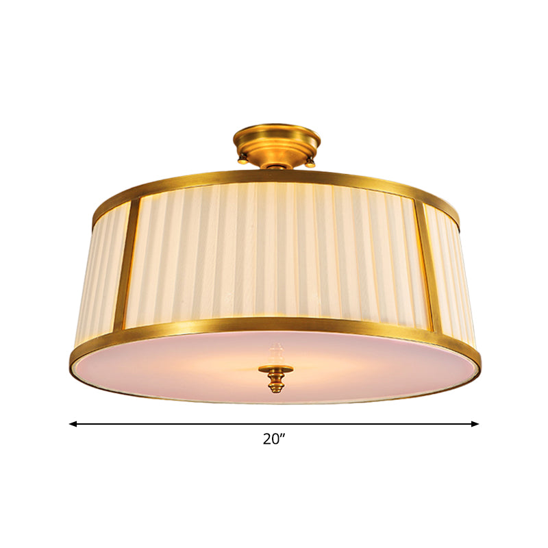 Vintage Drum Fabric Flush Mount Ceiling Light - 4-Light In Polished Brass
