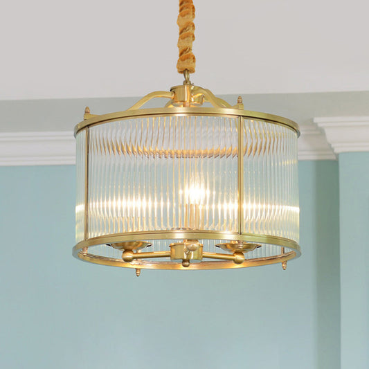 Colonial Drum Ribbed Glass Chandelier - Polished Brass Small/Medium/Large Sizes Multiple Lights /