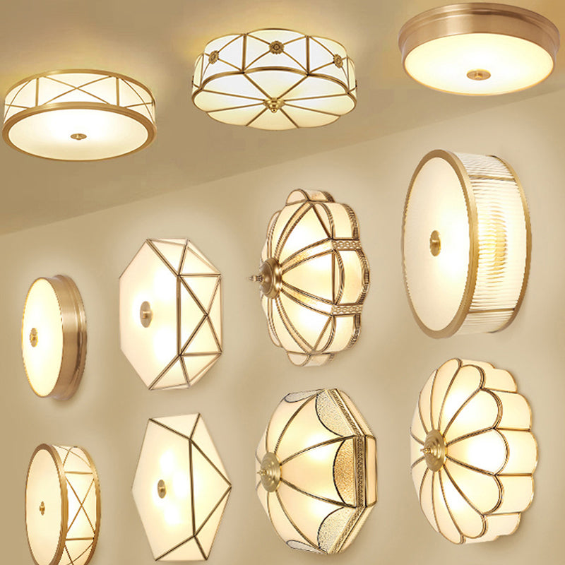 Vintage Scalloped Frosted Glass Flush Mount Light With Brass Finish - 3 Lights For Bedroom Ceiling
