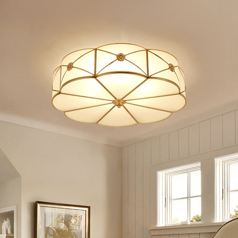 Vintage Scalloped Frosted Glass Flush Mount Light With Brass Finish - 3 Lights For Bedroom Ceiling /