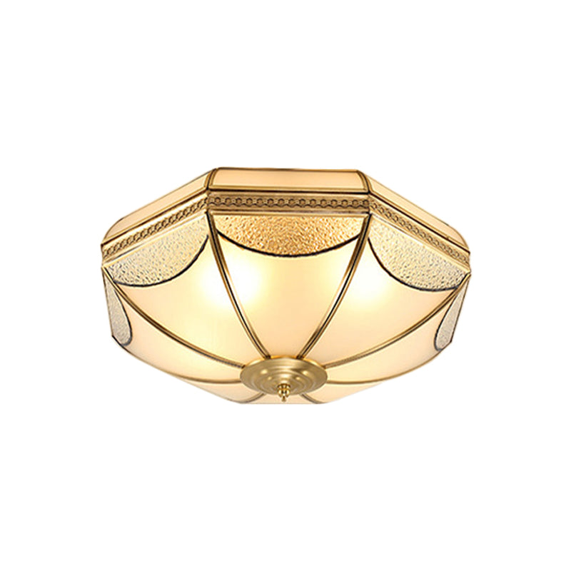 Vintage Scalloped Frosted Glass Flush Mount Light With Brass Finish - 3 Lights For Bedroom Ceiling