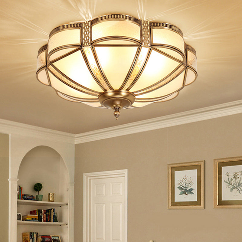 Vintage Scalloped Frosted Glass Flush Mount Light With Brass Finish - 3 Lights For Bedroom Ceiling /