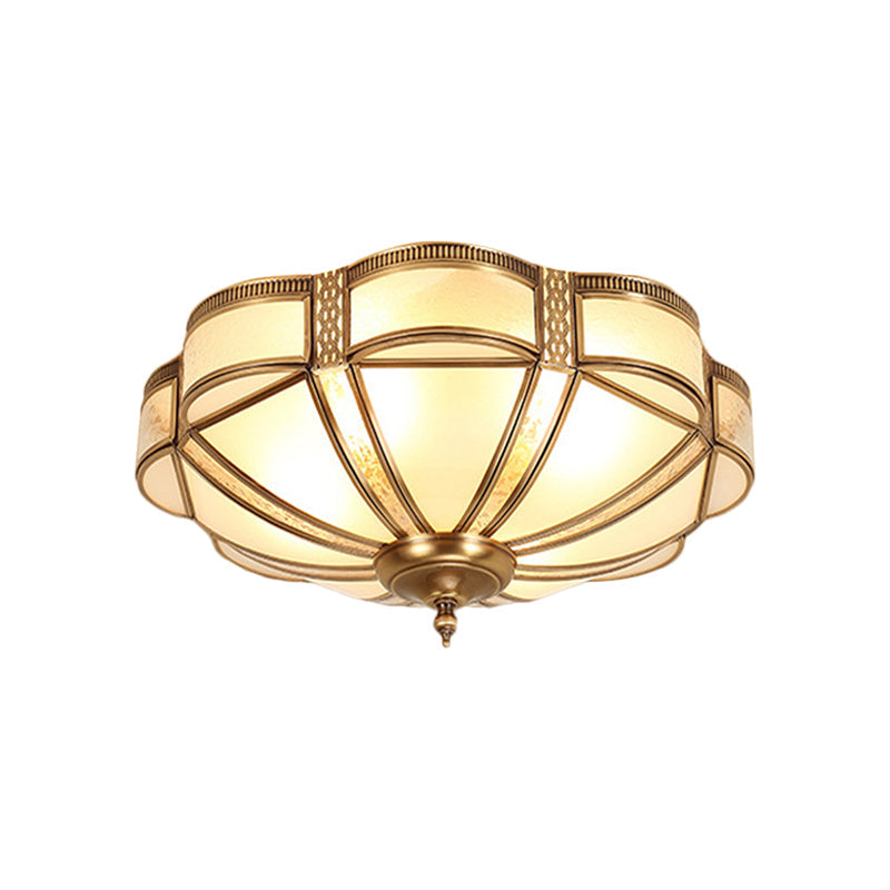Vintage Scalloped Frosted Glass Flush Mount Light With Brass Finish - 3 Lights For Bedroom Ceiling