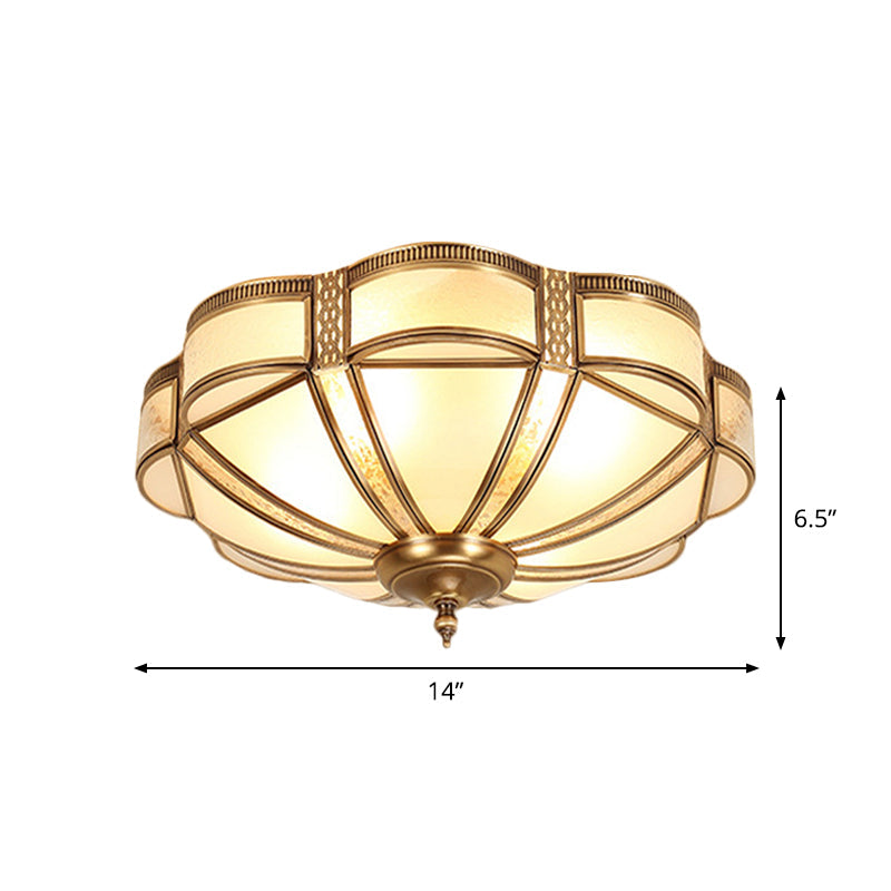 Vintage Scalloped Frosted Glass Flush Mount Light With Brass Finish - 3 Lights For Bedroom Ceiling