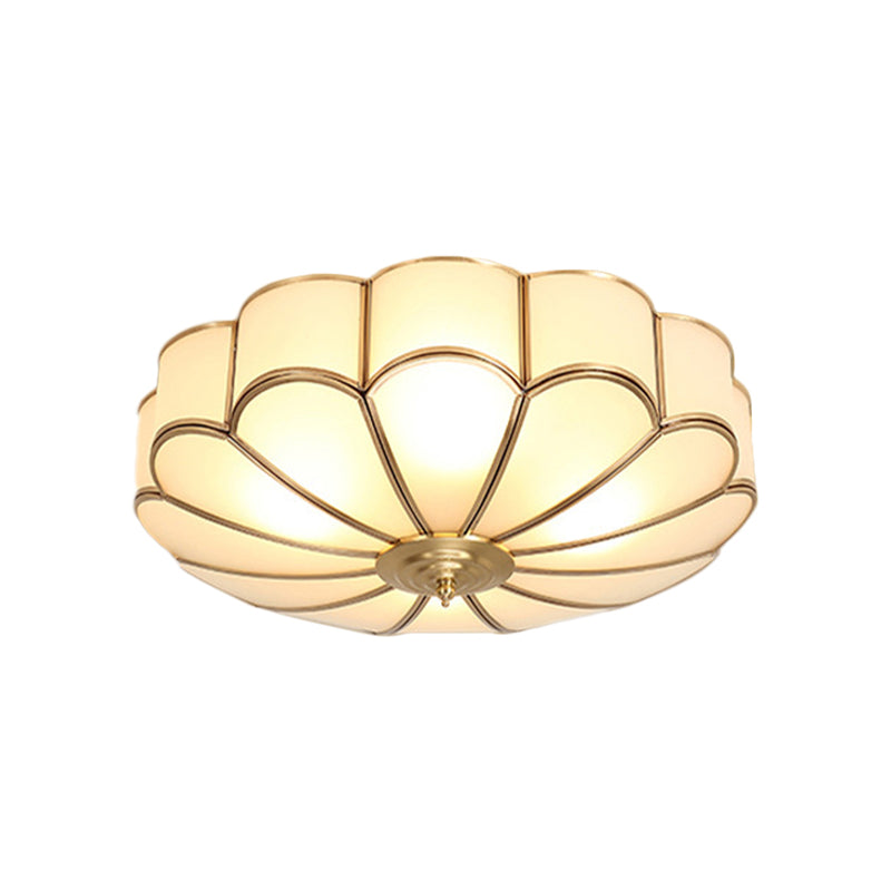 Vintage Scalloped Frosted Glass Flush Mount Light With Brass Finish - 3 Lights For Bedroom Ceiling
