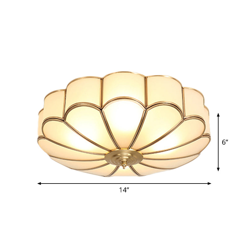 Vintage Scalloped Frosted Glass Flush Mount Light With Brass Finish - 3 Lights For Bedroom Ceiling
