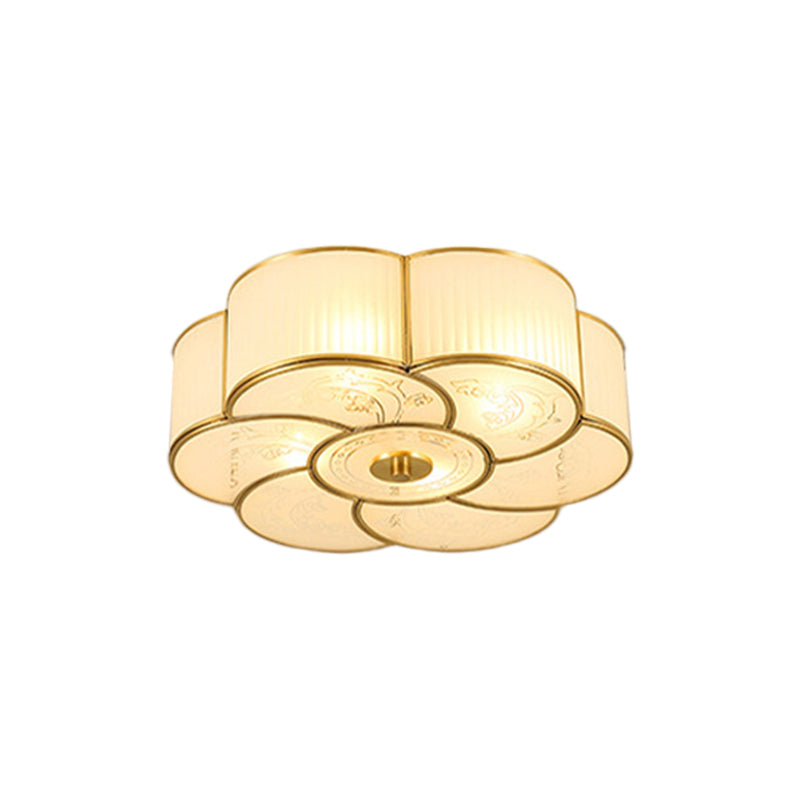 Vintage Scalloped Frosted Glass Flush Mount Light With Brass Finish - 3 Lights For Bedroom Ceiling /