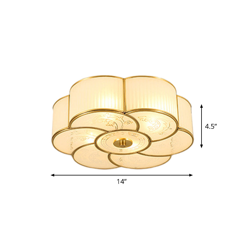 Vintage Scalloped Frosted Glass Flush Mount Light With Brass Finish - 3 Lights For Bedroom Ceiling