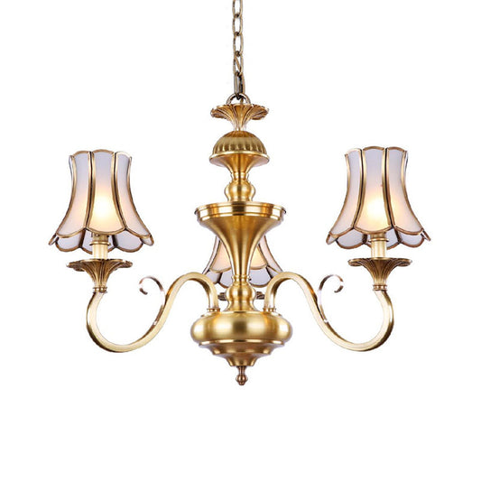 Traditional Bedroom Chandelier Light With Frosted Glass Shades - Polished Brass Finish 3/5/6 Lights