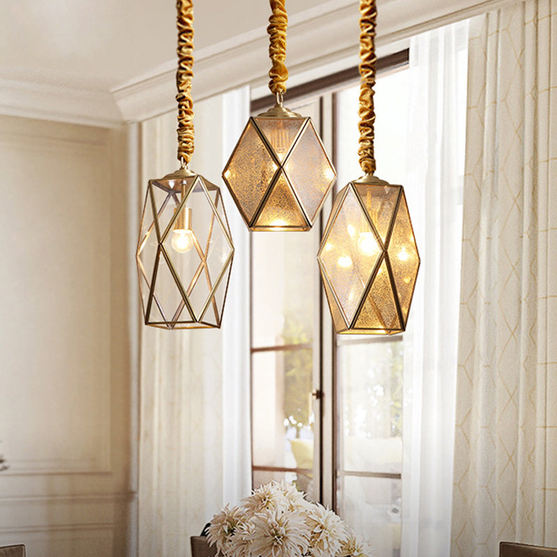 Diamond Cut Glass Pendant Lamp With Vintage Brass Finish For Bedroom Ceiling / A
