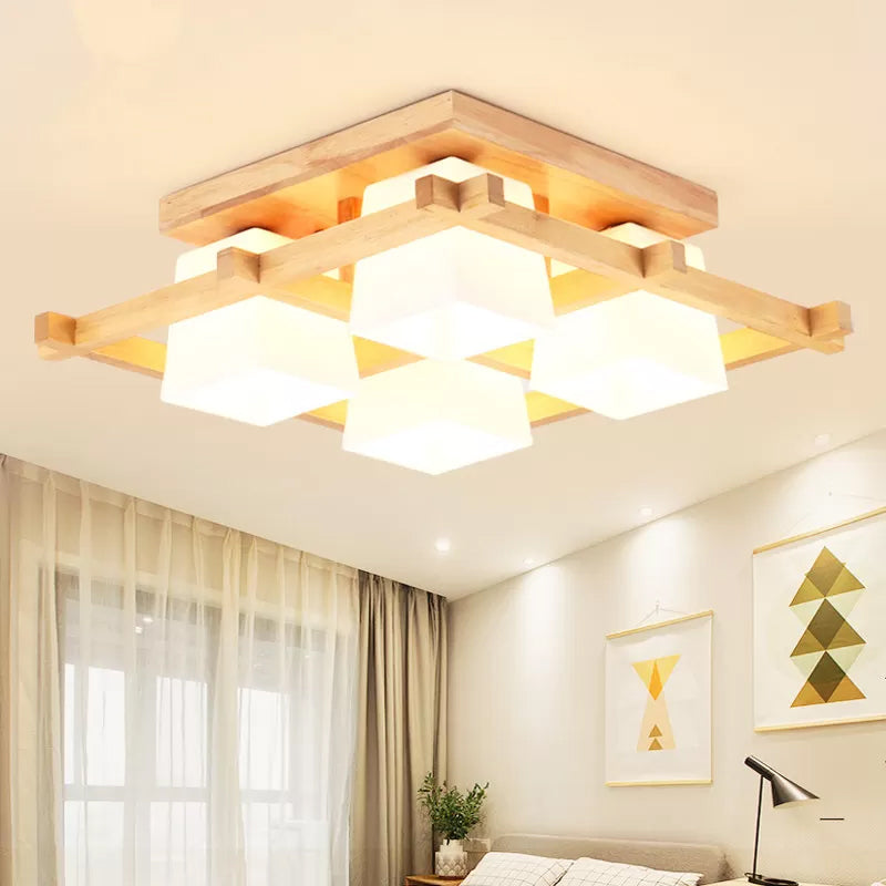 Plafonnier semi-encastré en bois clair nordique avec abat-jour en verre dépoli - Montage au plafond à 4/6/9 lumières