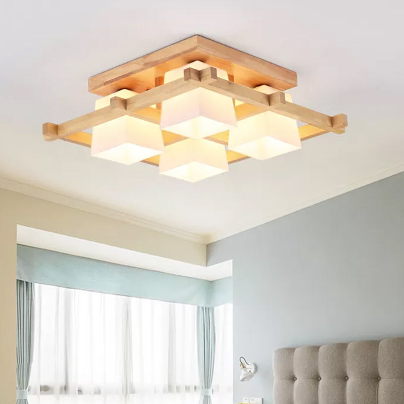 Plafonnier semi-encastré en bois clair nordique avec abat-jour en verre dépoli - Montage au plafond à 4/6/9 lumières