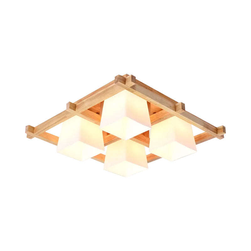Plafonnier semi-encastré en bois clair nordique avec abat-jour en verre dépoli - Montage au plafond à 4/6/9 lumières