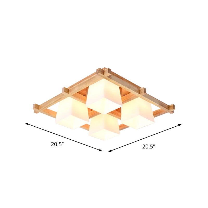 Plafonnier semi-encastré en bois clair nordique avec abat-jour en verre dépoli - Montage au plafond à 4/6/9 lumières