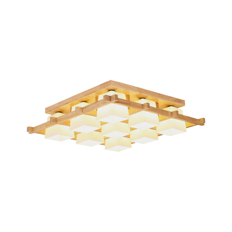 Plafonnier semi-encastré en bois clair nordique avec abat-jour en verre dépoli - Montage au plafond à 4/6/9 lumières
