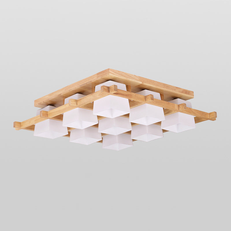 Plafonnier semi-encastré en bois clair nordique avec abat-jour en verre dépoli - Montage au plafond à 4/6/9 lumières