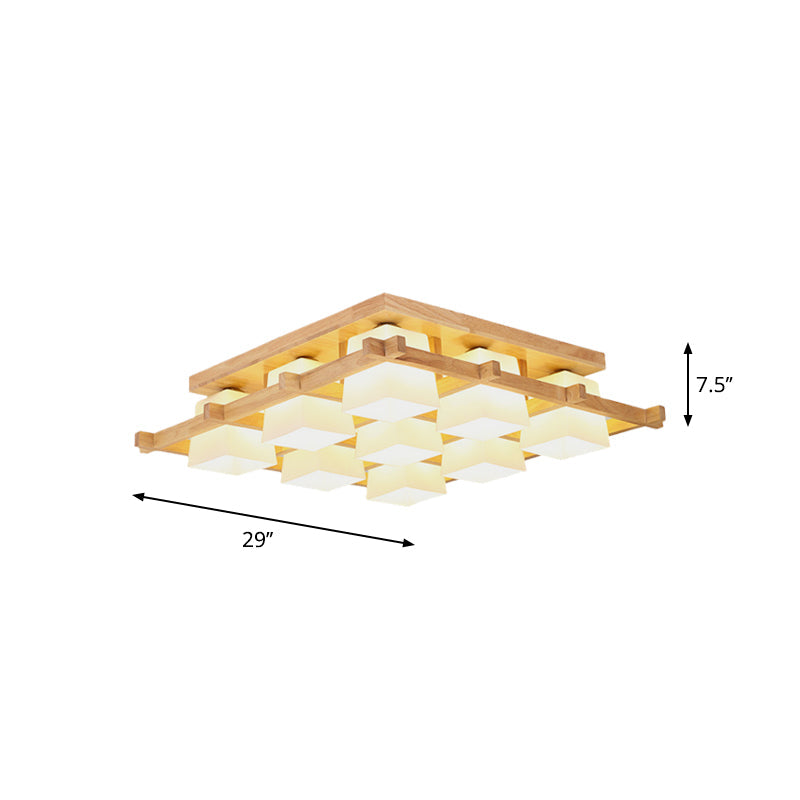 Plafonnier semi-encastré en bois clair nordique avec abat-jour en verre dépoli - Montage au plafond à 4/6/9 lumières