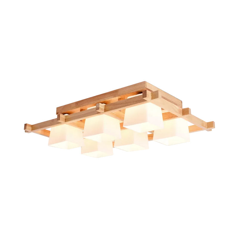 Plafonnier semi-encastré en bois clair nordique avec abat-jour en verre dépoli - Montage au plafond à 4/6/9 lumières