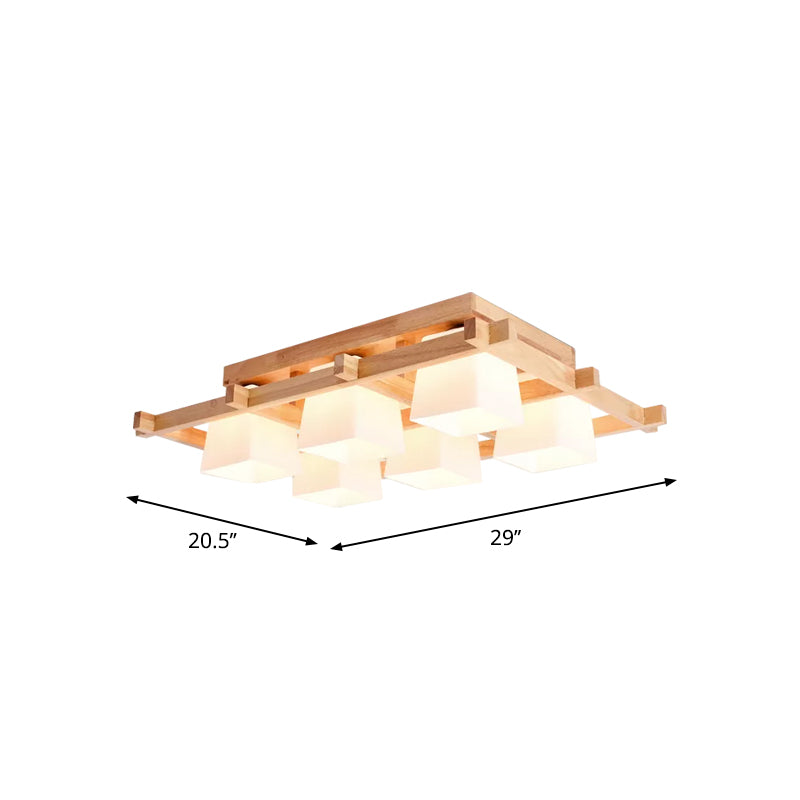 Plafonnier semi-encastré en bois clair nordique avec abat-jour en verre dépoli - Montage au plafond à 4/6/9 lumières