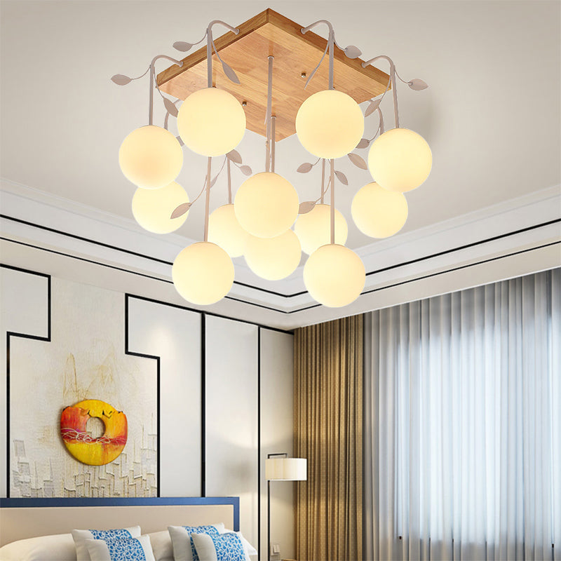 Art Deco Beige Wood Balloon Flush Mount Ceiling Light for Living Room