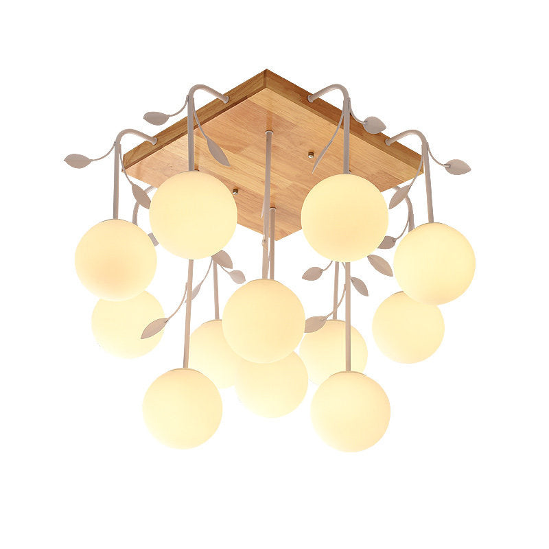 Art Deco Beige Wood Balloon Flush Mount Ceiling Light for Living Room