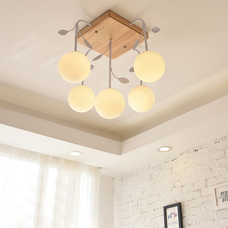 Art Deco Beige Wood Balloon Flush Mount Ceiling Light for Living Room