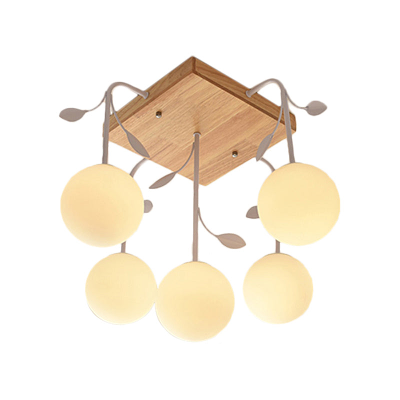 Art Deco Beige Wood Balloon Flush Mount Ceiling Light for Living Room