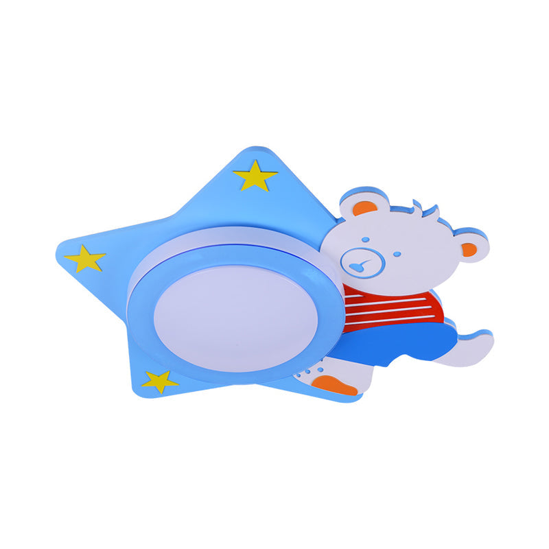 Boys' Cartoon Bear Wood Animal Blue LED Ceiling Light