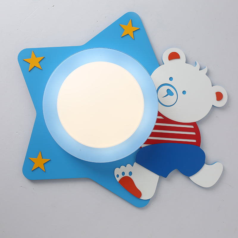 Boys' Cartoon Bear Wood Animal Blue LED Ceiling Light