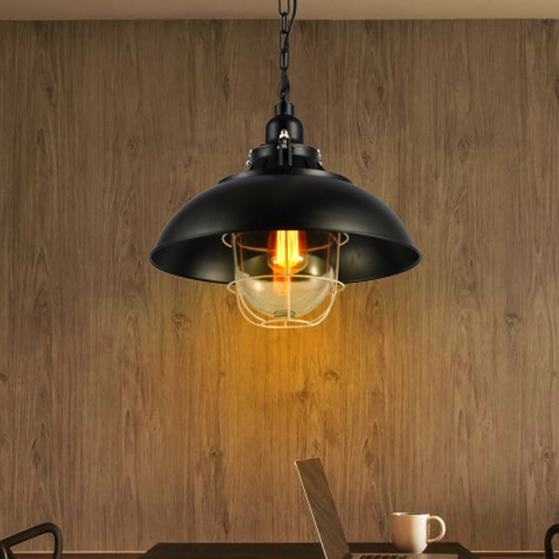 Lampe suspendue rustique à 1 ampoule de style bistrot - Luminaire suspendu en métal de 12"/16" avec cage métallique et abat-jour en verre transparent (noir)