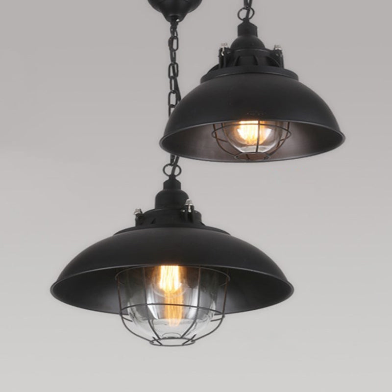 Lampe suspendue rustique à 1 ampoule de style bistrot - Luminaire suspendu en métal de 12"/16" avec cage métallique et abat-jour en verre transparent (noir)