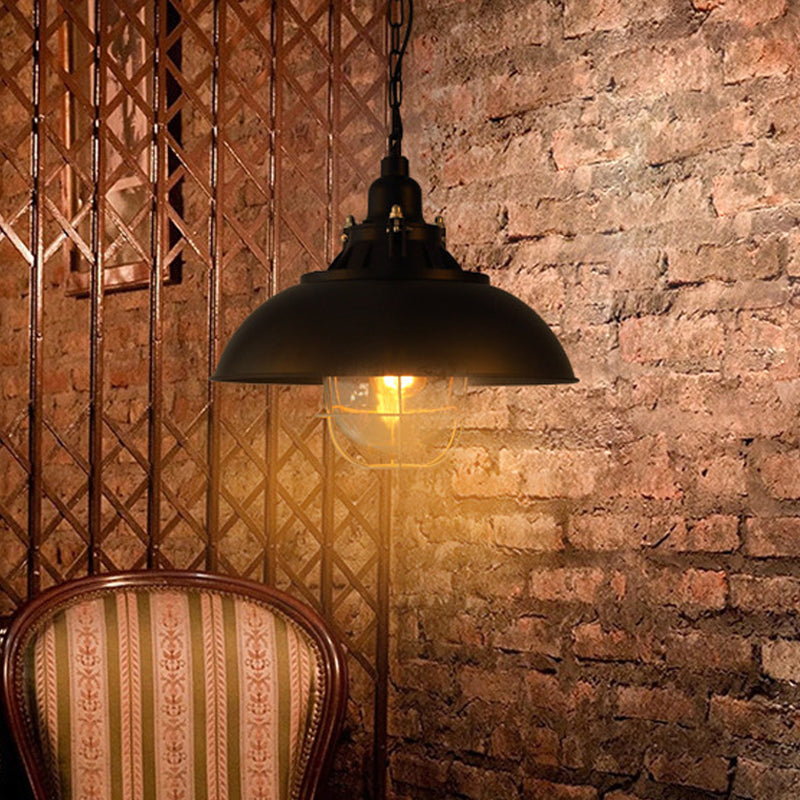 Lampe suspendue rustique à 1 ampoule de style bistrot - Luminaire suspendu en métal de 12"/16" avec cage métallique et abat-jour en verre transparent (noir)