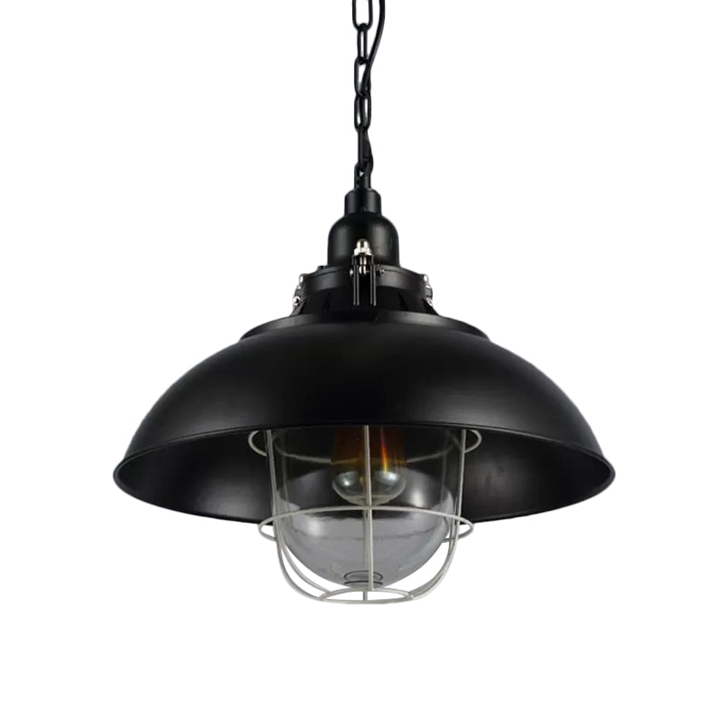 Lampe suspendue rustique à 1 ampoule de style bistrot - Luminaire suspendu en métal de 12"/16" avec cage métallique et abat-jour en verre transparent (noir)