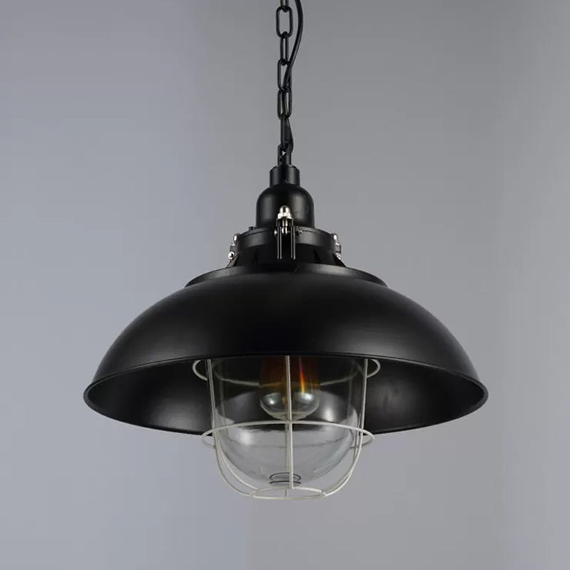 Lampe suspendue rustique à 1 ampoule de style bistrot - Luminaire suspendu en métal de 12"/16" avec cage métallique et abat-jour en verre transparent (noir)