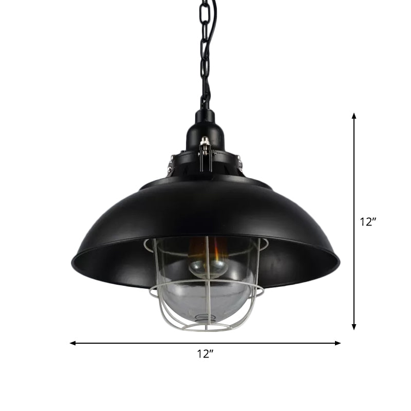 Lampe suspendue rustique à 1 ampoule de style bistrot - Luminaire suspendu en métal de 12"/16" avec cage métallique et abat-jour en verre transparent (noir)