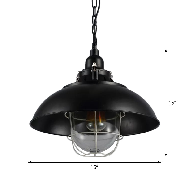 Lampe suspendue rustique à 1 ampoule de style bistrot - Luminaire suspendu en métal de 12"/16" avec cage métallique et abat-jour en verre transparent (noir)
