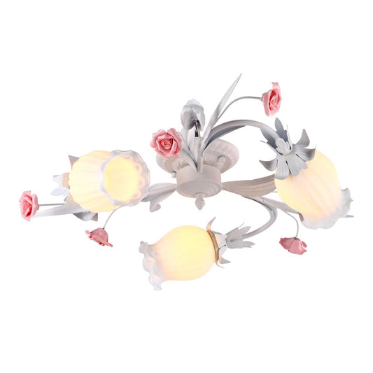 Pastoral White Frosted Glass Flower Semi Flush Mount Ceiling Light with 3 Heads