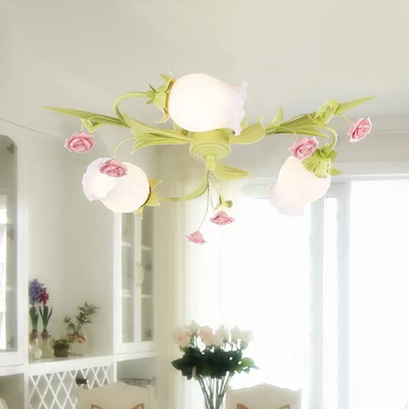Frosted White Glass Ruffle Semi Flush Lamp - Green Pastoral Ceiling Light with 3 Lights for Bedroom